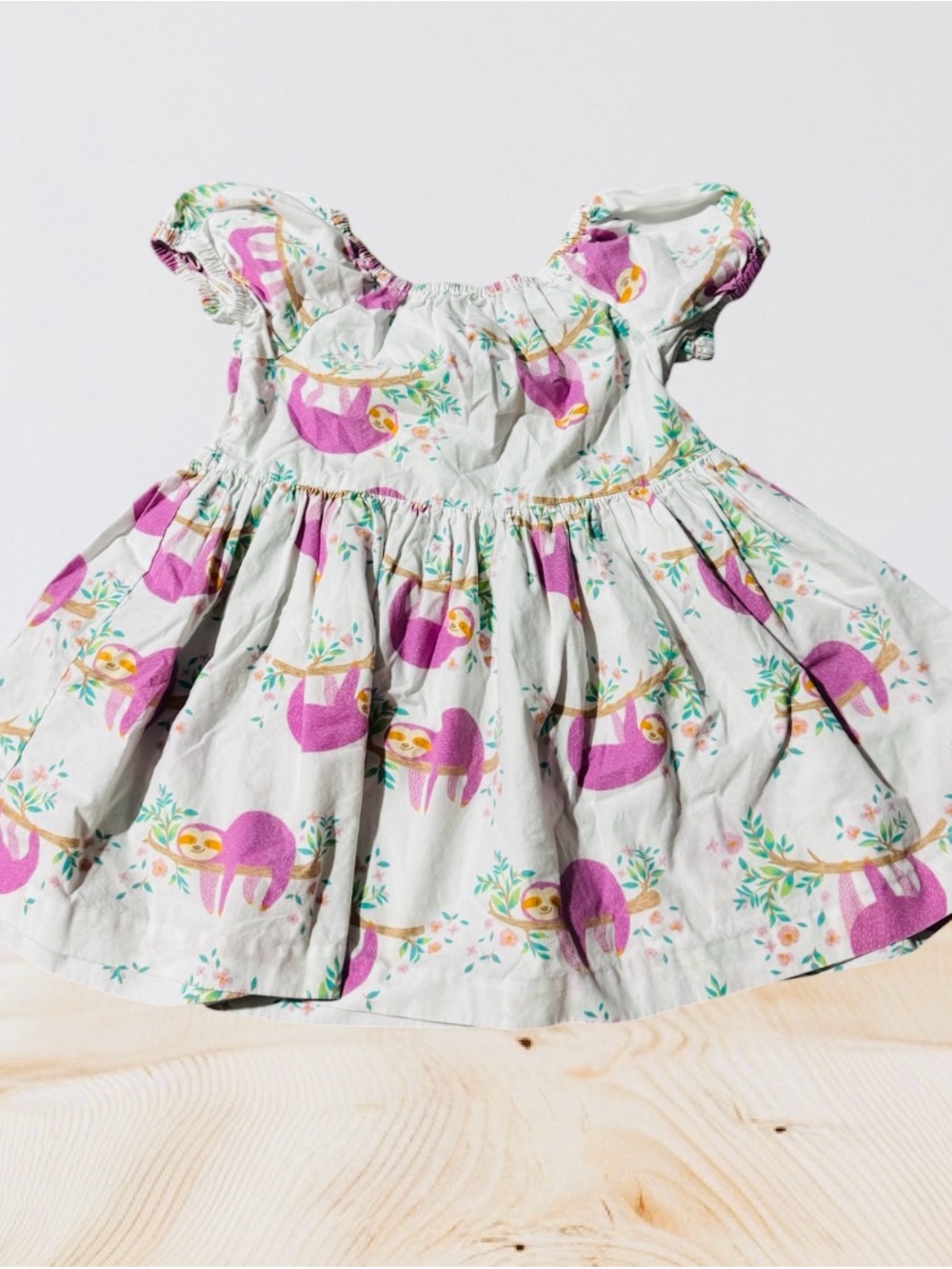 Eleanor Rose White Dress with Pink & Green Sloth Print